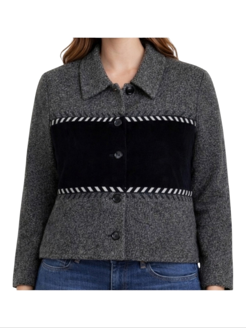 Positive Attitude~Women VTG 80s Cropped Patchwork Jacket~Speckle Black White~14